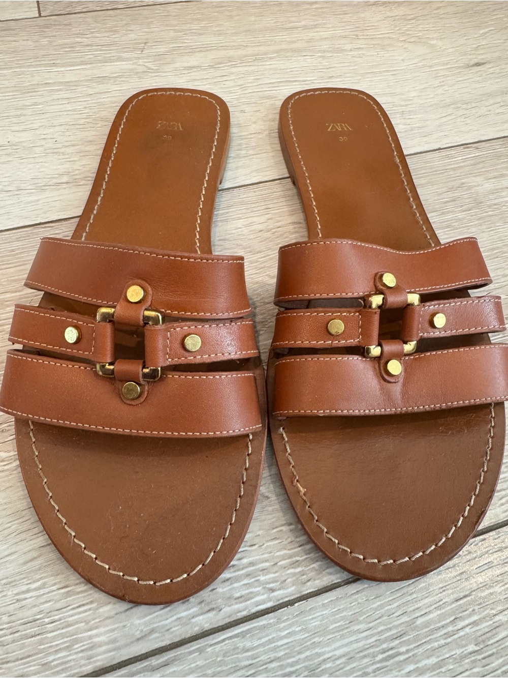 Zara Tan Leather Slide Sandals with Gold Accents - Picture 1 of 2